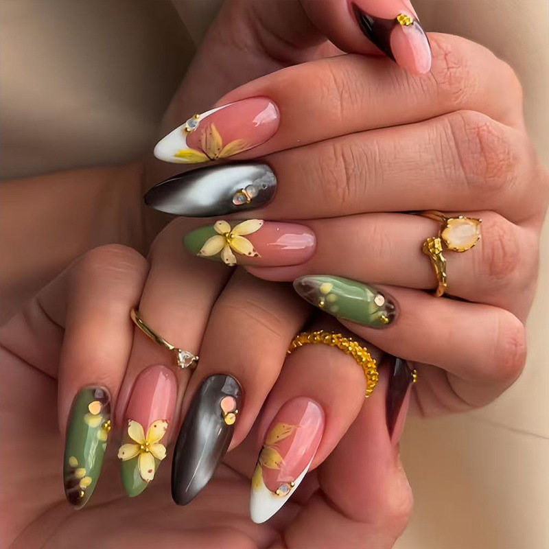 Cross-border best-selling wearable nails, almond-shaped nails, gradient coffee color, 3D egg flower French style short fake nails wholesale Cross-border best-selling wearable nails, almond-shaped nails, gradient coffee color, 3D egg flower French style short fake nails wholesale