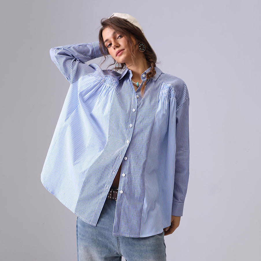 Europa y América comercio exterior ropa de mujer nueva camisa de algodón a rayas de manga larga mujer sensación de diseño suelto nicho universal blusa delgada