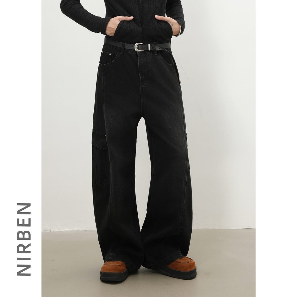 Quần jean nam ống rộng baggy phong cách retro Mỹ, nhiều túi khóa kéo, lưng giữa eo — màu xám đen