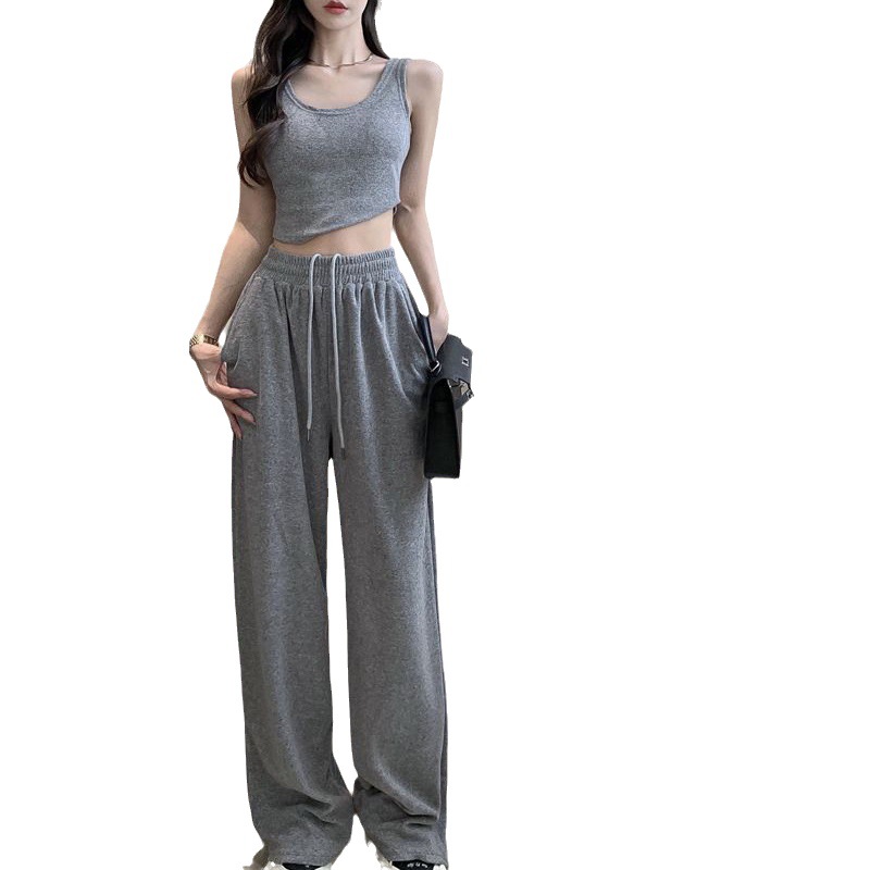 Autumn Lazy Pure Desire Short Style with Naked Navel for Slimming Tank Top, High Waist, Hanging Wide Leg Pants,_voghion.com