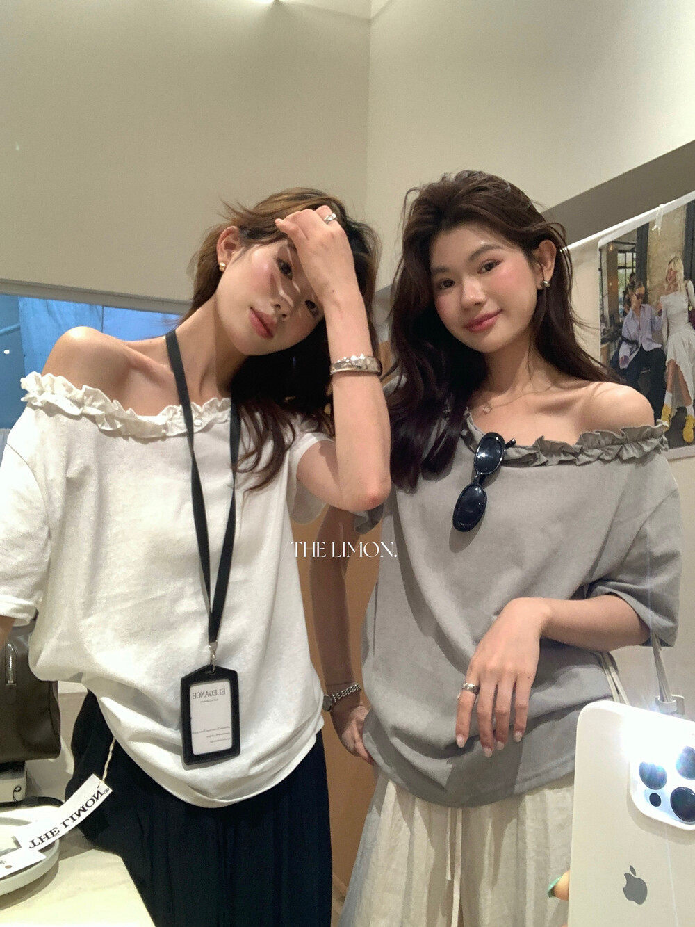 Áo thun nữ tay ngắn cổ lệch vai kết hợp ren bèo nhún phong cách Pháp — màu đen, màu trắng, Tro xi măng, Bột tím chi tiết 6