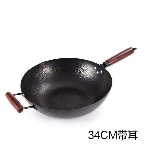 Zhangqiu forged iron pot, wood lid, wok with uncoated wooden handle, iron pot, round-bottomed restaurant wok manufacturer wholesale