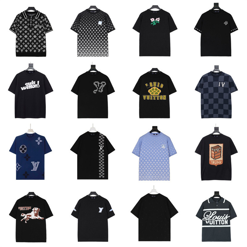 Cross-Border·Correct Version·High-End Version·Lv Brand Embroidered Rhinestone Full-Print Jacquard Knit T-Shirt Short-Sleeve Polo Shirt