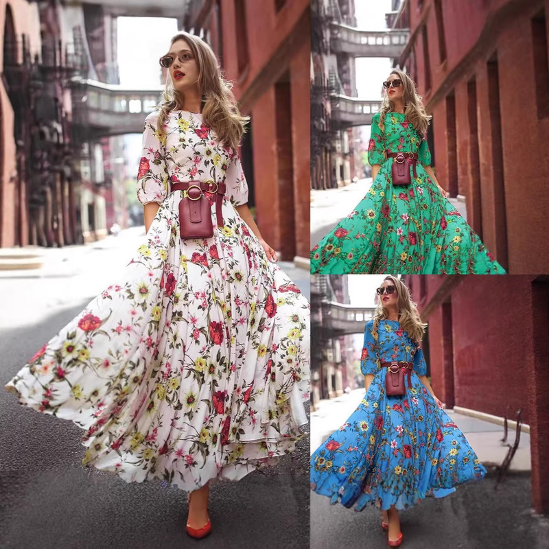 2026 Spring/Summer European and American New Cross-Border Amazon Dress with Floral Print, Elegant Slim-Fit Long Dress 2026 Spring/Summer European and American New Cross-Border Amazon Dress with Floral Print, Elegant Slim-Fit Long Dress