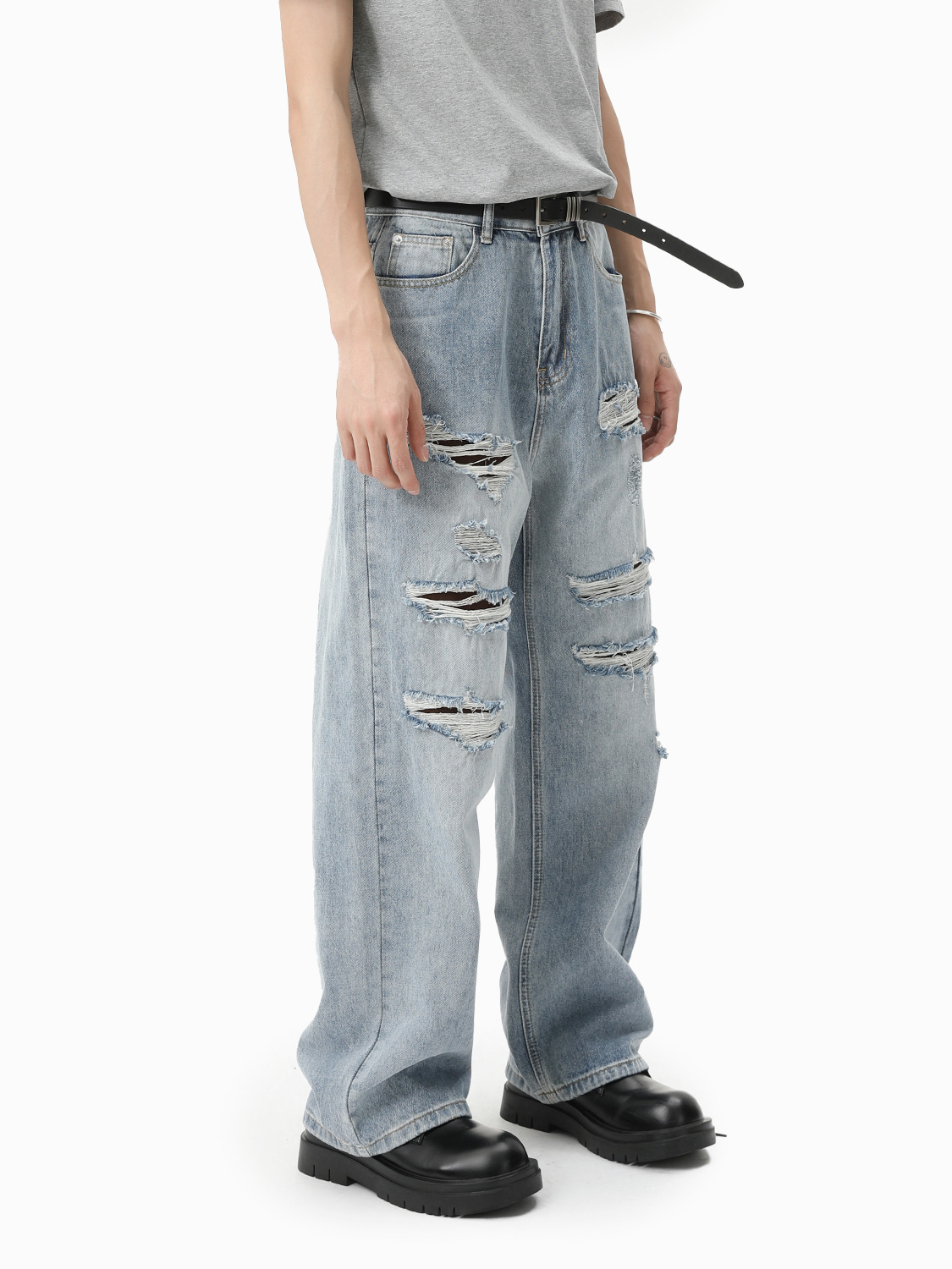 MTLCLOTHES Hombres| Hacer viejos agujeros vibe desgastado tendencia casual rectas sueltas lavados jeans