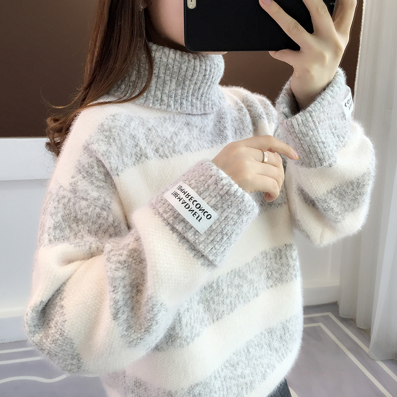 Suéter de las mujeres espesado invierno 2024 nuevo Otoño y ropa de invierno de cuello alto a rayas visón terciopelo top de punto camisa de fondo