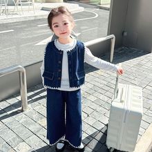 女童秋装套装2025新款女宝宝秋季洋气幼儿园韩版牛仔马甲三件套潮