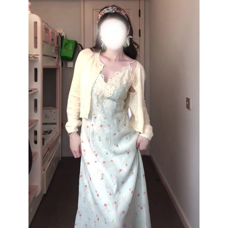 胖mm温柔风碎花吊带裙大码套装女春夏搭长袖开衫蕾丝拼接收腰长裙|undefined