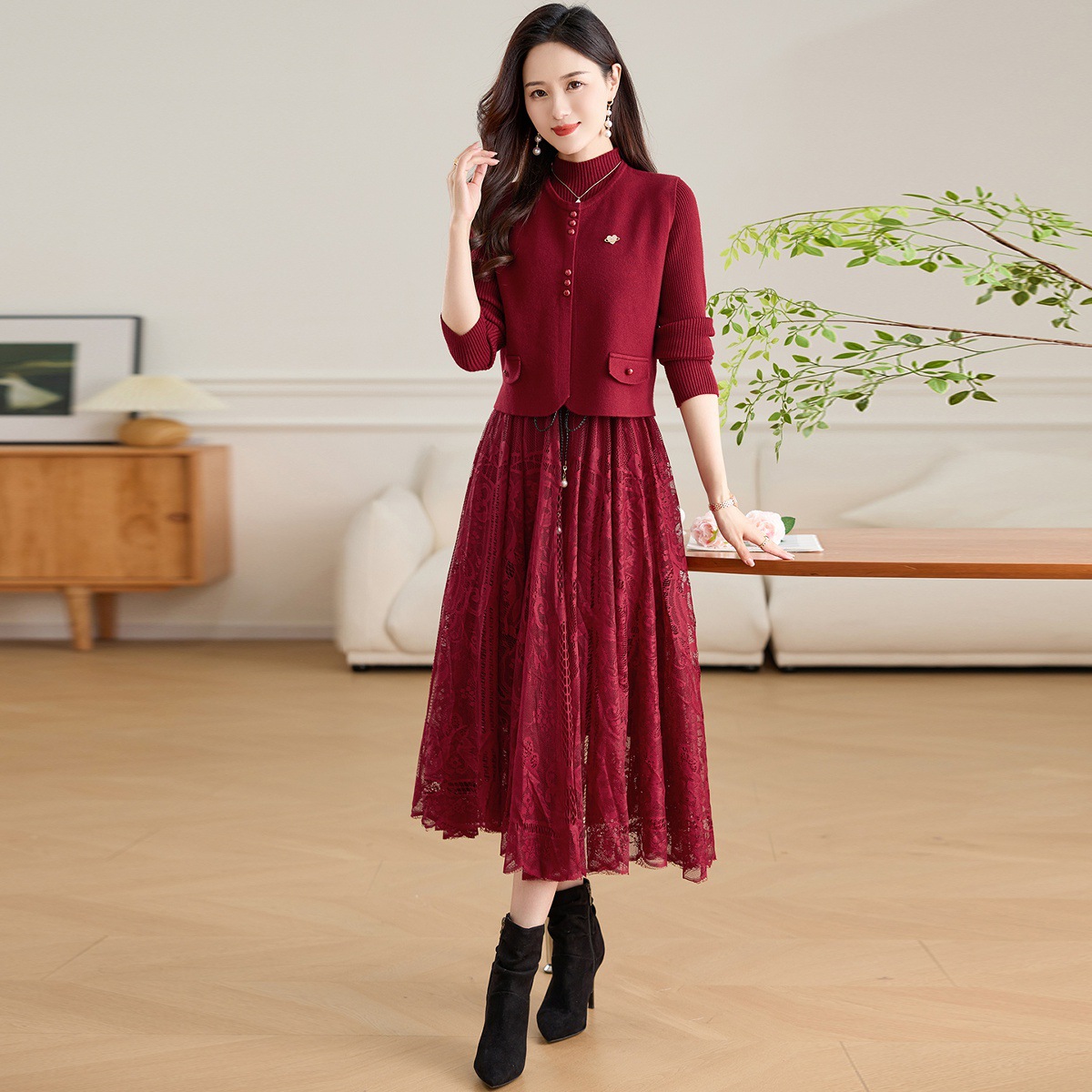 Vestido de tejido de encaje de dos piezas para mujeres de otoño y invierno con abrigo de lana de madres de mediana edad con falda de base image 7
