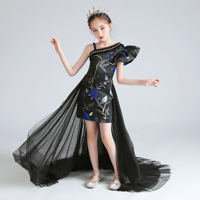 Children shows the tail dress Chinese wind model qipao dress small host summer piano costumes of the girls