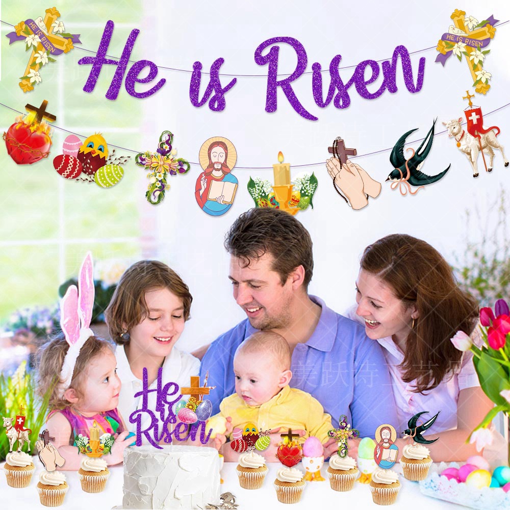 Amazon nueva decoración de Pascua Garland traje Él es resucitado Pascua bandera pastel tarjeta inserción