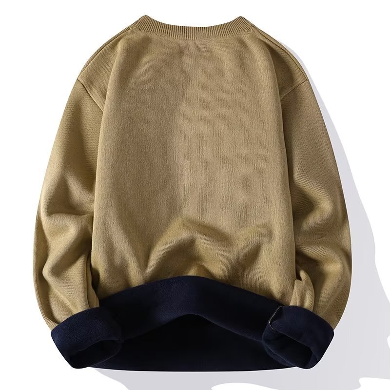 Men's Fleece Sweater for Autumn and Winter, Thickened Solid Color Warm Fleece-Lined Knit Top with Round Neck, Affordable Knitwear