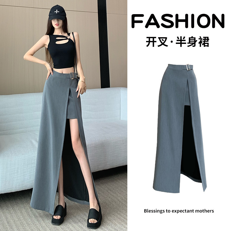 实拍~胖MM西装修身休闲半身裙女不规则显瘦设计感高腰a字中长款裙