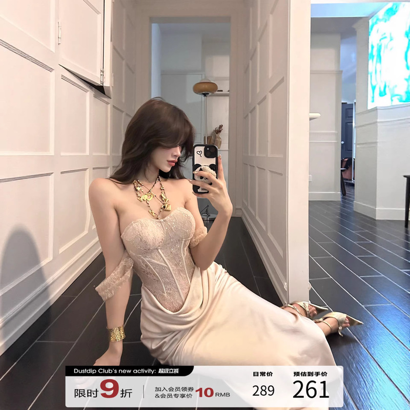 Dust Deng Deng Heavy Industry Design Style Strap Dress 2025 Summer New High-End Strapless Long Dress Birthday Dress