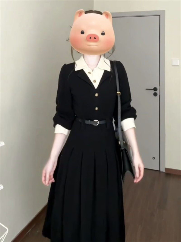 春季法式排扣polo领牛仔连衣裙女学生高级感复古时尚修身显瘦长裙|undefined