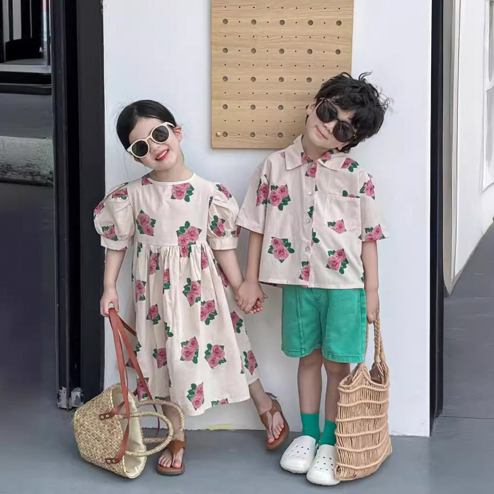 Sister and Brother Set Children's Summer 2024 Outfit for Boys and Girls with Rose Print Shirt and Shorts, Matching Dress for Girls, Trendy Twin Set