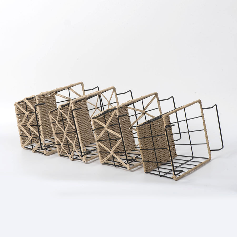 Cestas de almacenamiento de hierro forjado de estilo nórdico minimalista, cestas de almacenamiento de cuerda de papel tejidas a mano, cestas de acabado de artículos de diseño