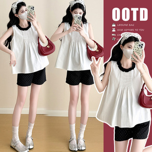 Summer Contrasting Color Pleated Lace Top + Polka Dot Belly Support Shorts