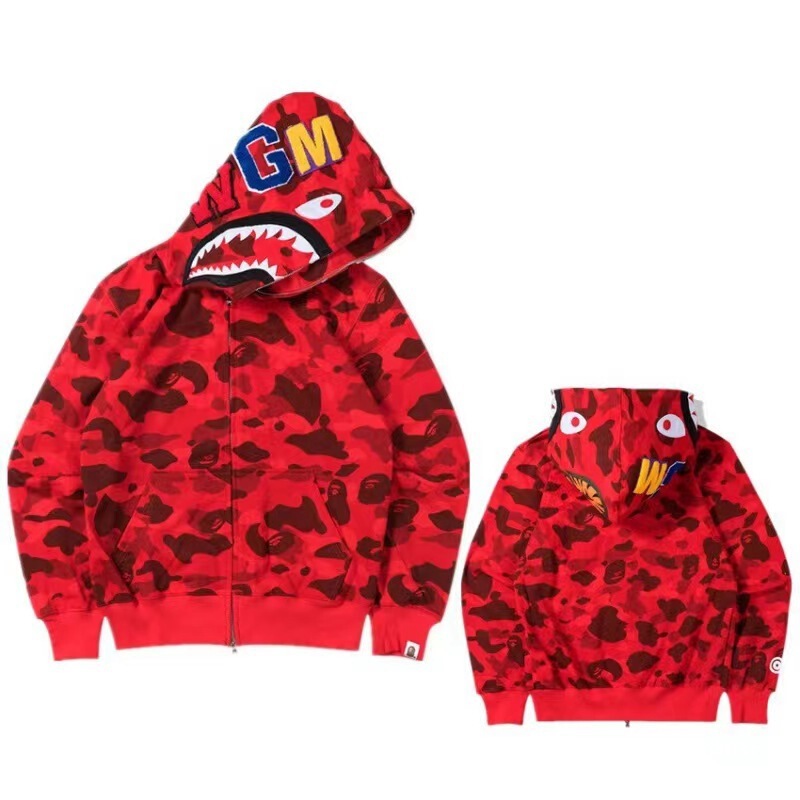 Trendy Brand Same Style Camouflage Shark Head Jacket 3D Sweatshirt Printed Zipper Hoodie Men's and Women's Jacket Couple Wear Red