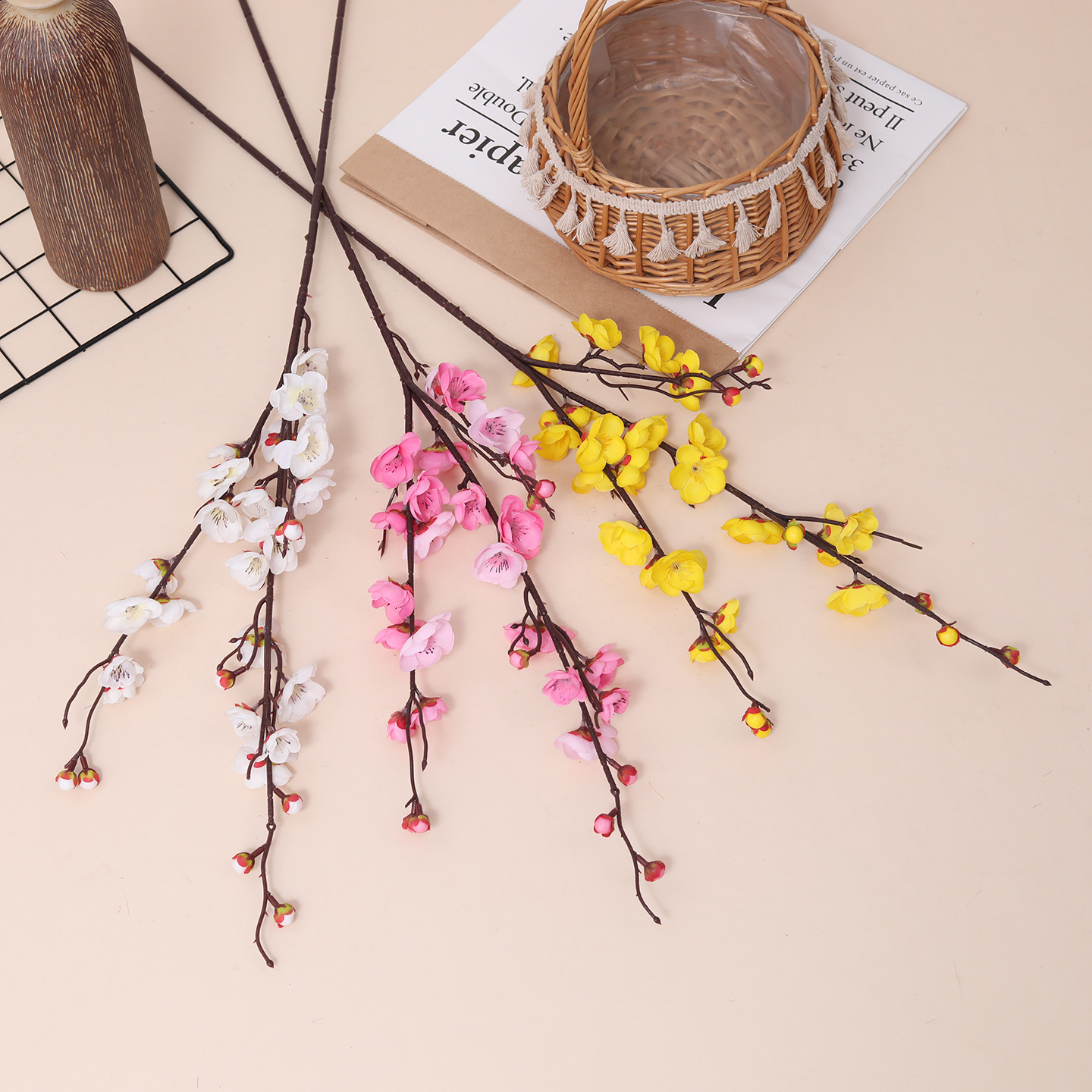 겨울 매화 가지, 조화, 거실 식탁 실크 꽃 장식, 중국식 커피 테이블 장식, 꽃병 꽃꽂이