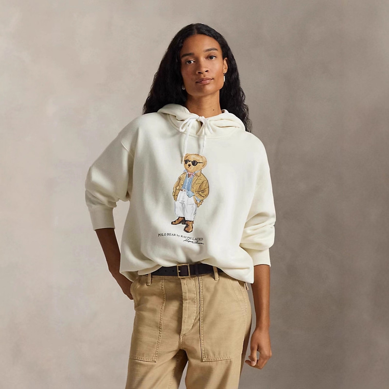 European and American 2026 Cross-Border Hot-Selling Women's Clothing, American-Style Loose-Fitting R-L Bear Print Hooded Sweatshirt Top in Stock