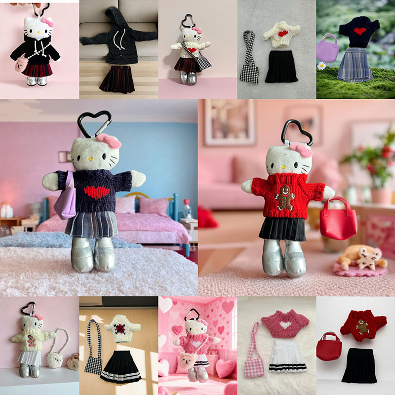 New Long-Legged Kt Plaid Skirt Doll Pants Cute Plush Doll Girl Heart Key Bag Pendant Clothes