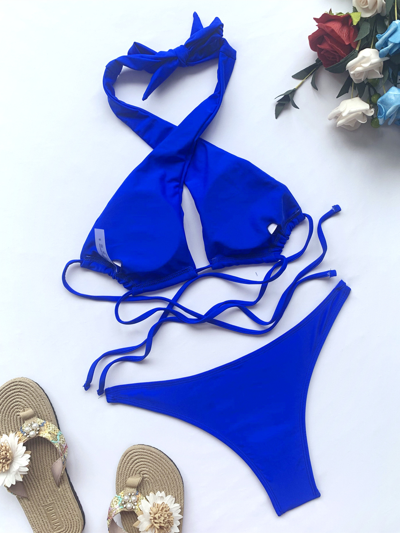 Conjunto de 2 piezas de bikini de color sólido sin espalda con cordones y cuello colgante NSCSM113048