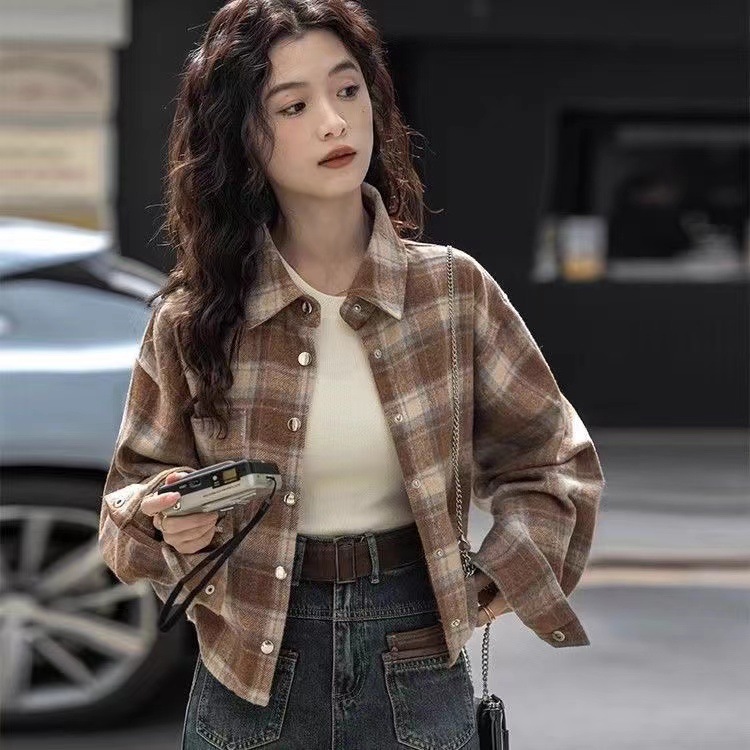 2025 Spring and Autumn New Style Short Long Sleeve Jacket Shirt for Small People Retro Brushed Loose Plaid Shirt