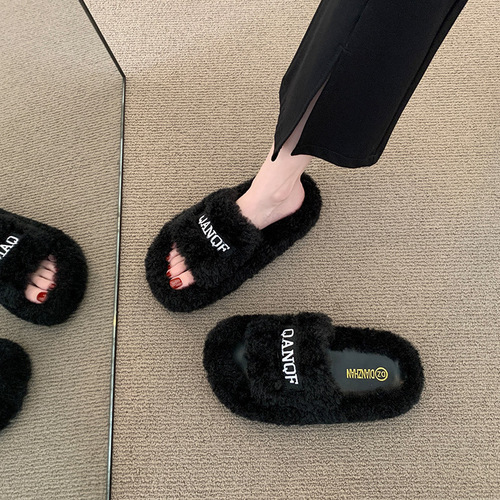 Letter Mao Slippers for Women - Autumn/Winter Outdoor Wear, Casual Home Warmth, One-Strap Flat Slippers - Spring/Summer