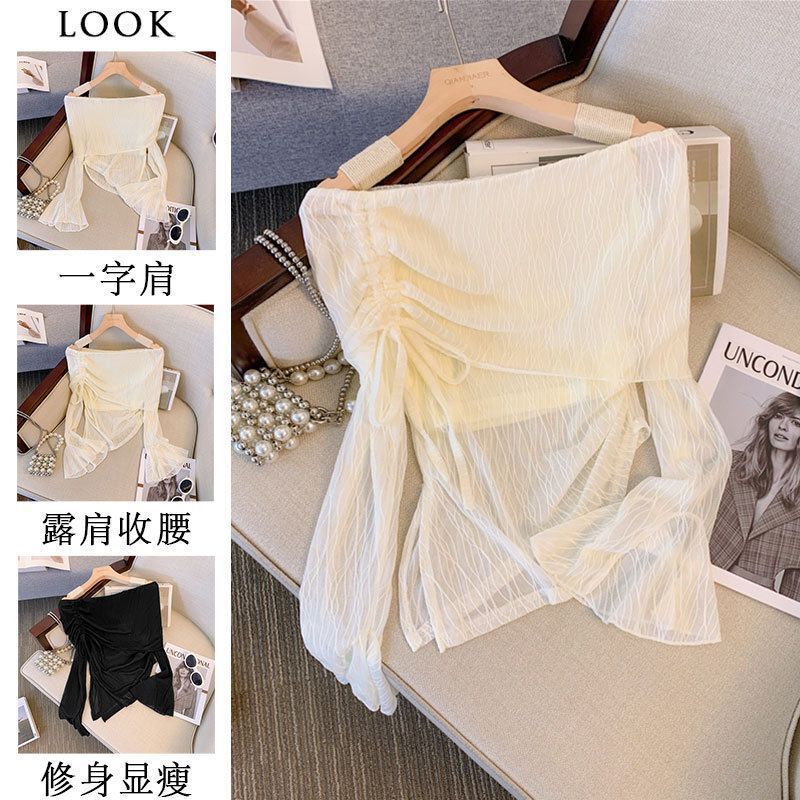 Temperament Sexy One-Shoulder Asymmetrical Chiffon Shirt Top Women's Niche Design Off-Shoulder Thin Bell-Sleeved Shirt Temperament Sexy One-Shoulder Asymmetrical Chiffon Shirt Top Women's Niche Design Off-Shoulder Thin Bell-Sleeved Shirt
