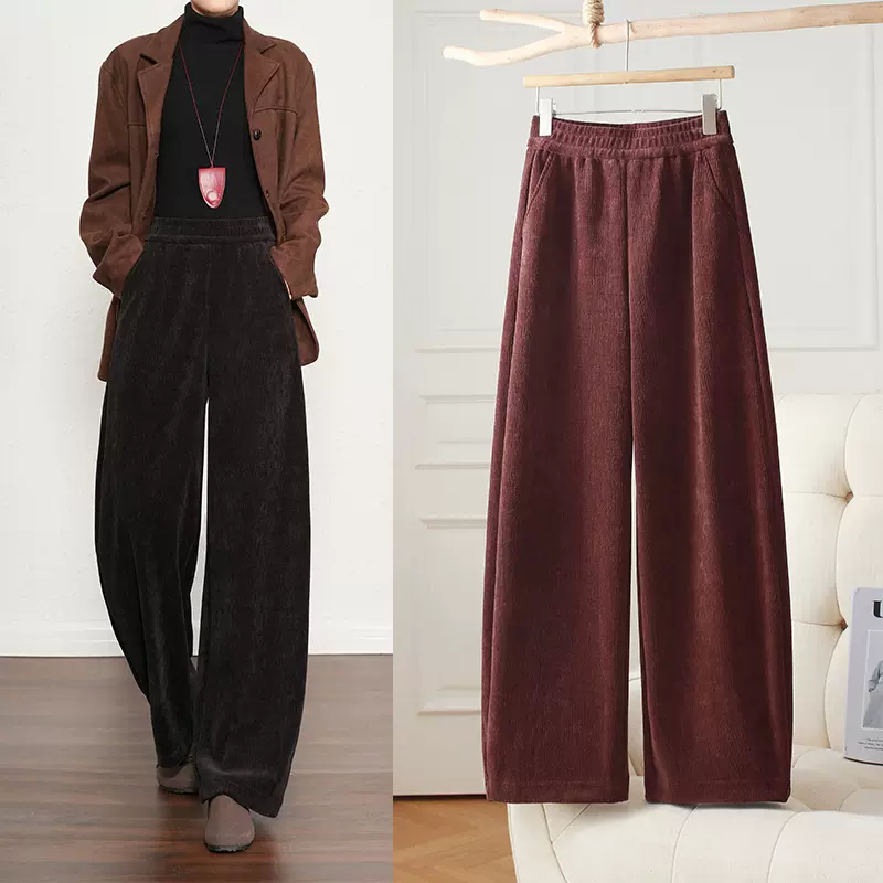 雪尼尔阔腿裤女秋装加厚垂感高端灯芯绒宽松欧版大码潮流弯刀裤