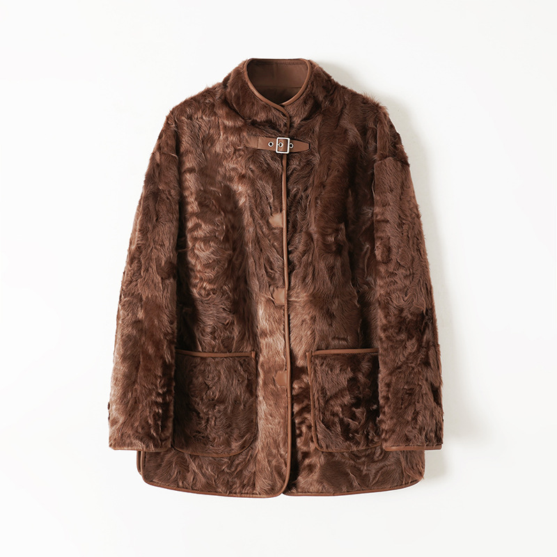 701真皮皮草进口小湖羊 中长款休闲简约轻奢风显瘦皮毛一体外套女