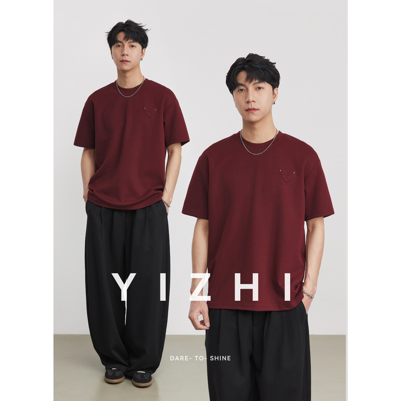 280g Basic T-Shirt Spring/Summer New Cloud Cotton Solid Color Short-Sleeve T-Shirt Round Neck Triangle Logo Versatile Simple T-Shirt