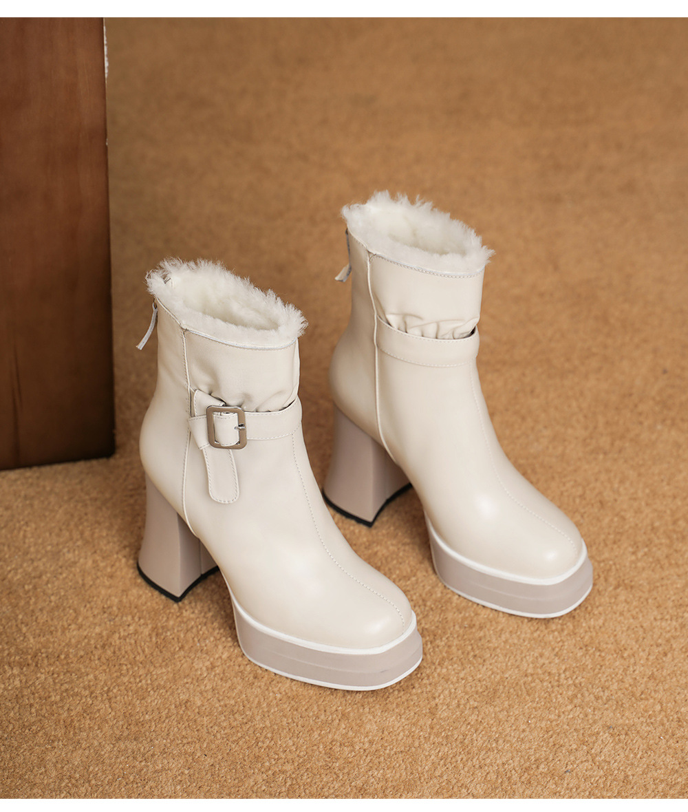 Boot nữ cổ thấp mũi vuông siêu cao gót da bò lót lông cừu ấm áp — màu đen chi tiết 16