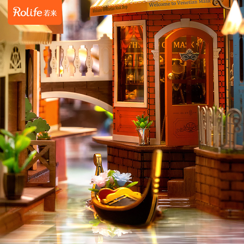 Ruo Estado Ruo Lai Diy Hut Venecia Librería Libro emergente Puzzle Casa Modelo de madera Bloques de construcción Creatividad arquitectónica