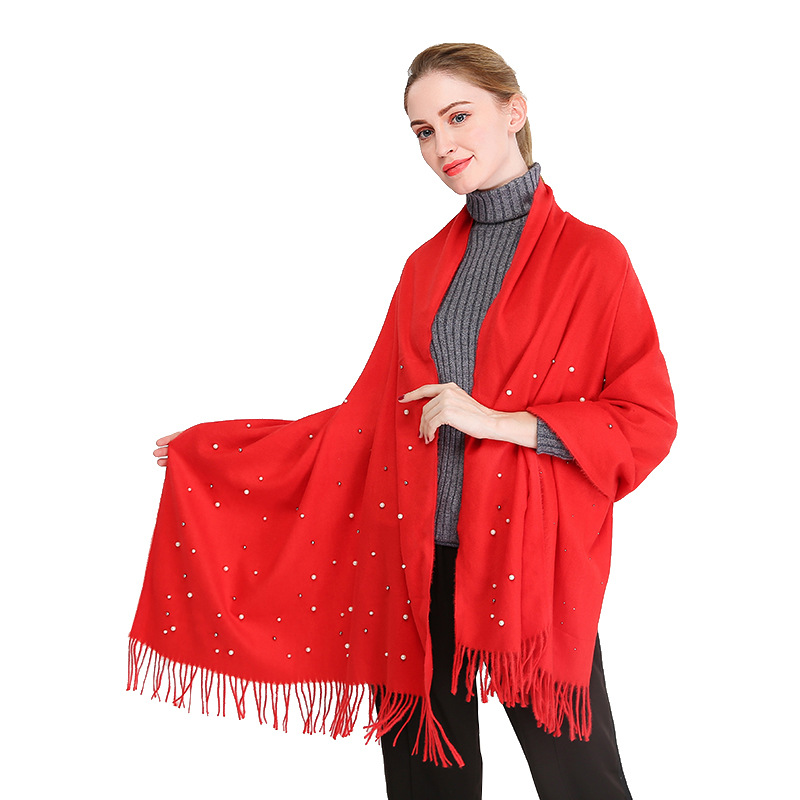 Vente chaude nouvelle automne et hiver couleur unie cheveux épineux clou perle châle en Europe et en Amérique, écharpe femme gland chaud épaissi_voghion.com
