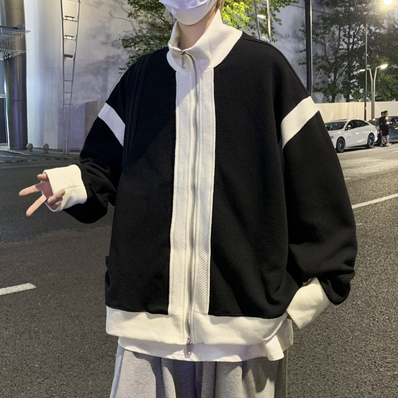 더블 지퍼 재킷 남자의 가을 느슨한 유행 브랜드 홍콩 스타일 스티칭 컬러 매칭 재킷 Ruffian 잘 생긴 캐주얼 니트 탑