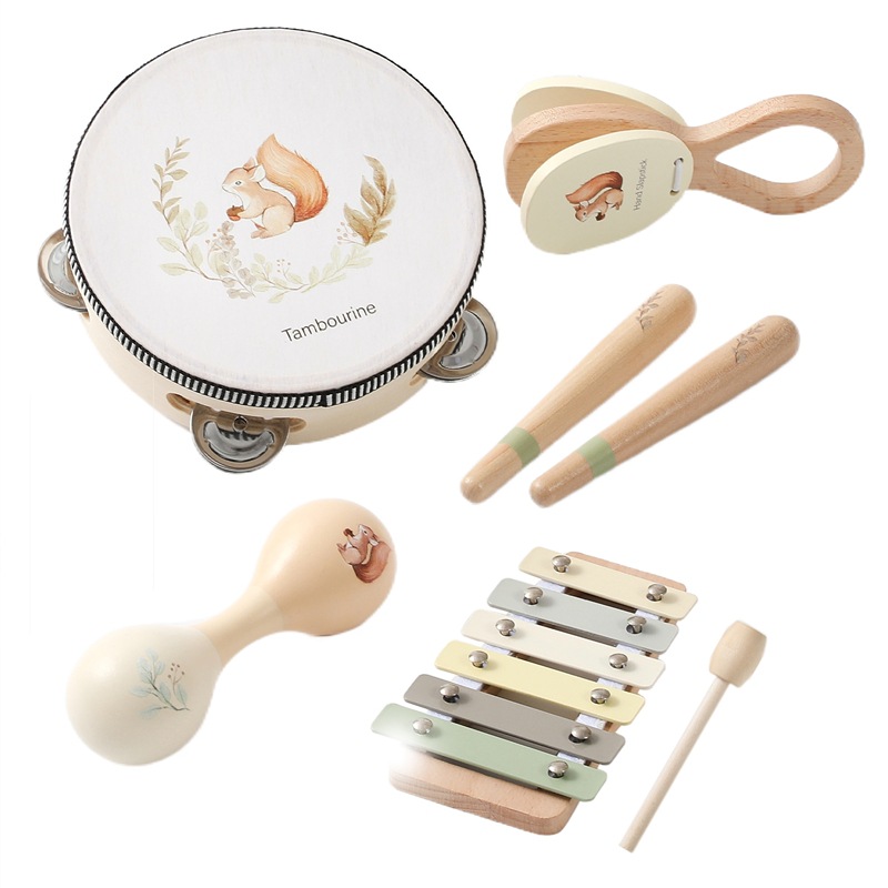 Juego de instrumentos musicales de madera de Amazon Orff, educación temprana para bebés, tocar el piano, tocar el tambor, martillo de arena, sonajero, juguete musical