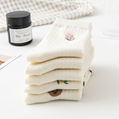 Zhuji Socks Women's Spring New Style Mid-Tube Socks Simple and Versatile Embroidered Cotton Socks Cartoon White Tight JK Socks Wholesale