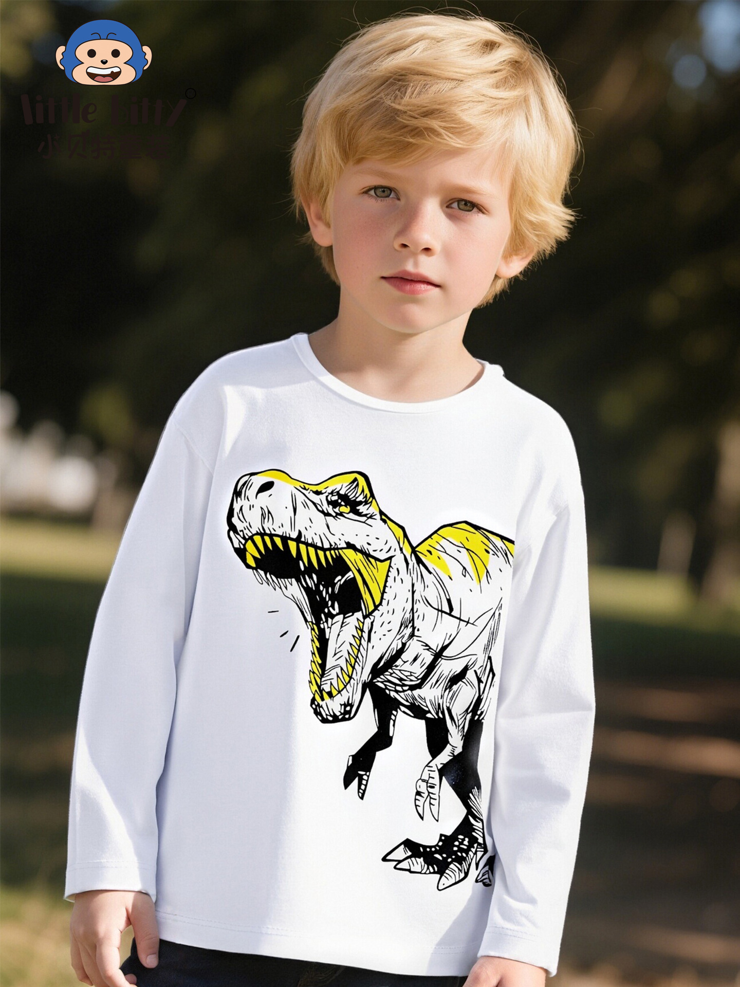 Cross-Border European and American 25-Year-Old Autumn and Winter Boys' Long-Sleeved T-Shirt Cartoon Dinosaur Print Kidsren's Round Neck Bottoming Shirt Top
