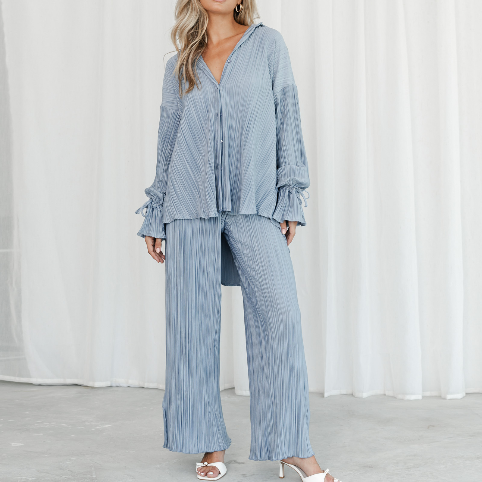 solid color pleated long-sleeved lapel cardigan slit trousers two-piece pajamas set NSYDL135646