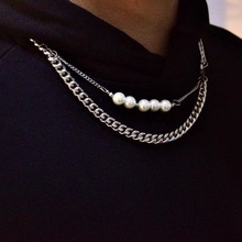 原創嘻哈潮人鈦鋼古巴鏈珍珠一條雙層疊戴項鏈毛衣衛衣長款鏈飾品
