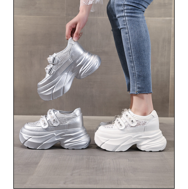 Giày sneaker nữ đế dày chunky, mặt lưới thoáng khí, gắn đá, dán Velcro — Màu trắng chi tiết 20