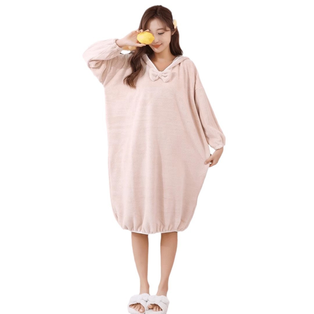 목욕 가운 가을 겨울 목욕 타월 여성 가정용 산호 양털 흡수 부드러운 빠른 건조 목욕 원피스 잠옷 후드 파자마 착용