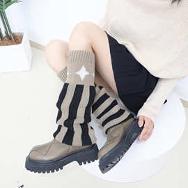 秋冬新品复古美式潮酷ab不规则针织微喇叭阔腿条纹黑咖拼色袜套女