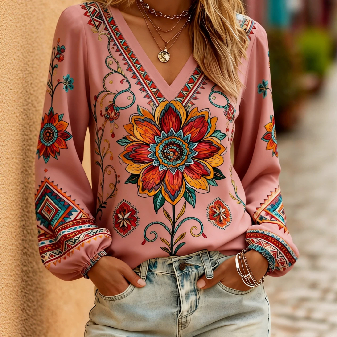Long-sleeved Bohemian vacation shirt with European and American ethnic style geometric floral print top