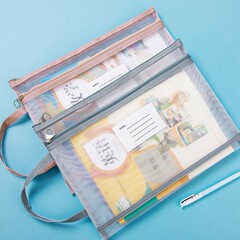 马卡龙色双层手提学生科目袋透明网纱文件袋试卷收纳袋拉链
