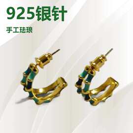 日韩简约交叉竹节双圈手工珐琅时尚小众设计气质925银针耳钉耳饰