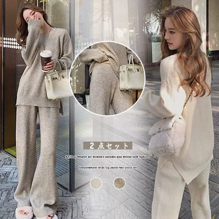 2024 трикотажный свитер набор женский осенний и зимний японско-корейский новый модный темперамент широкий брюки из двух частей