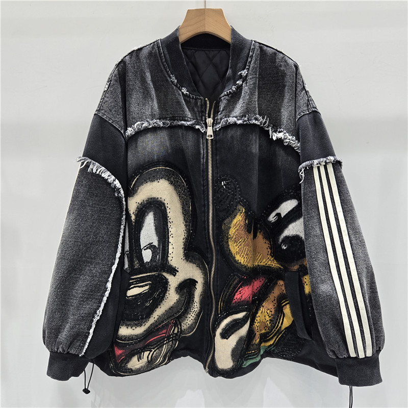 Chaqueta de vaquero de marca de moda, chaqueta de béisbol de algodón de hip hop impresa de dibujos animados de estilo pesado suelta. image 1